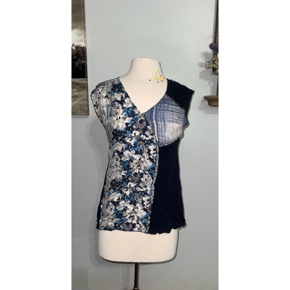 Tiny‎ Brand silk blend blue patchwork top zipper effect back cross straps small